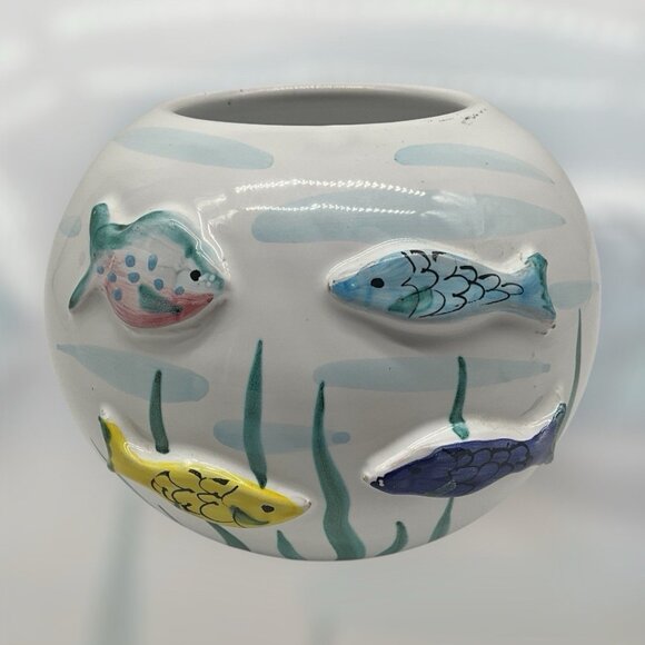 Italian Round Pottery Fish Bowl Vase 3D Fish Hand Crafted Hand Vintage Collectib - Picture 15 of 15
